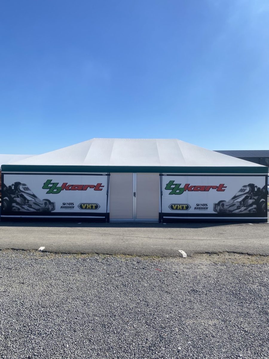 TBKart Netherlands racing team tent set up at a junior kart racing event